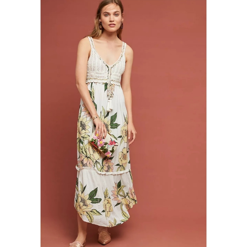 Farm Rio Anthropologie | Protea Crochet Floral Metallic Midi Dress Size Small